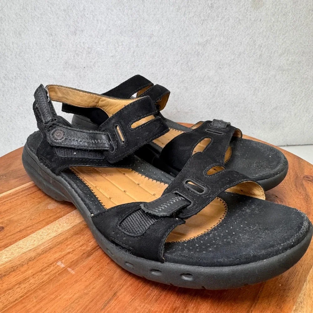 Unstructured by Clarks Black Leather Sandals Comfort Adjustable Straps Womens 8M